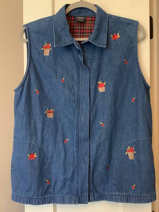 Allison Daley Jackets & Blazers - Vintage Embroidered Denim Sleeveless Zip-Up Vest with Red Floral Motif